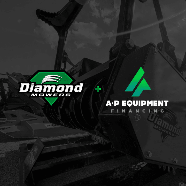 Diamond Mowers logo and the AP Finance logo on a grayed out image of equipment